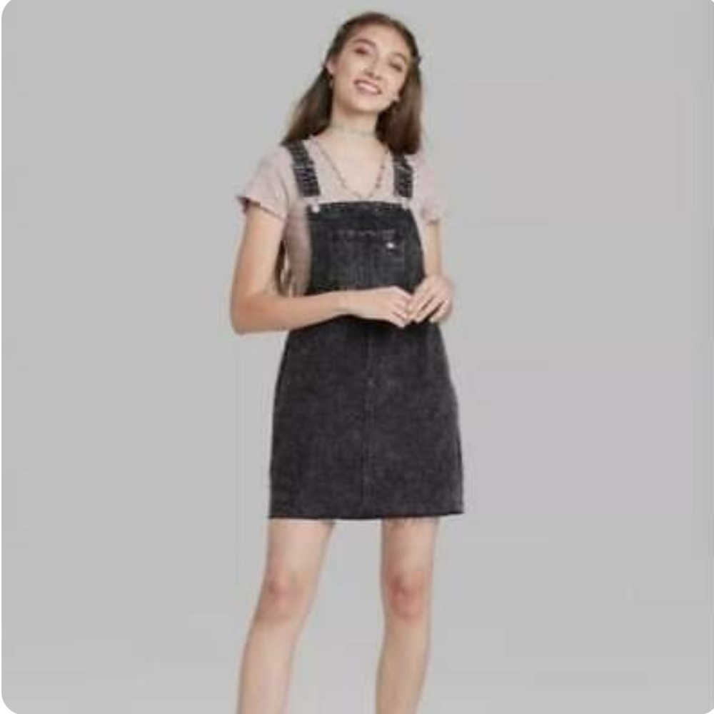 Wild fable Denim mini Dress Black overall style cutoff frayed hem large new